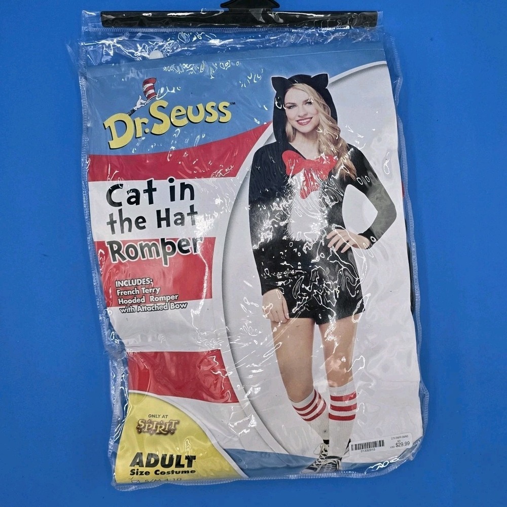 Spirit Dr. Seuss Cat In‎ The Hat Hooded Romper Costume Adult Sz. Small (4-10)